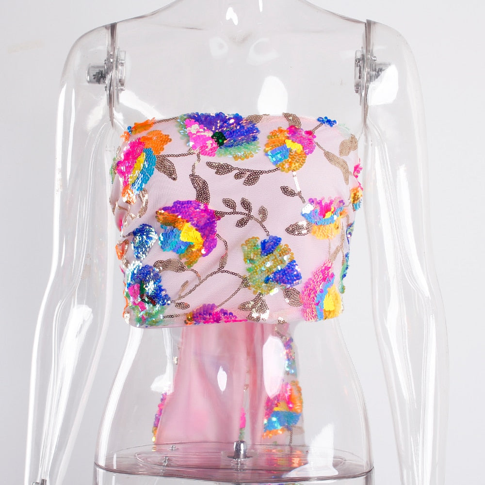 Stilla | Floral Pailletbroderi Pink Sommer Crop Top Rabat