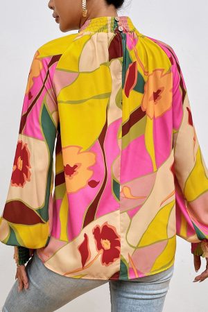 Stilla | Smocked Lantern Sleeve Mock Neck Bluse