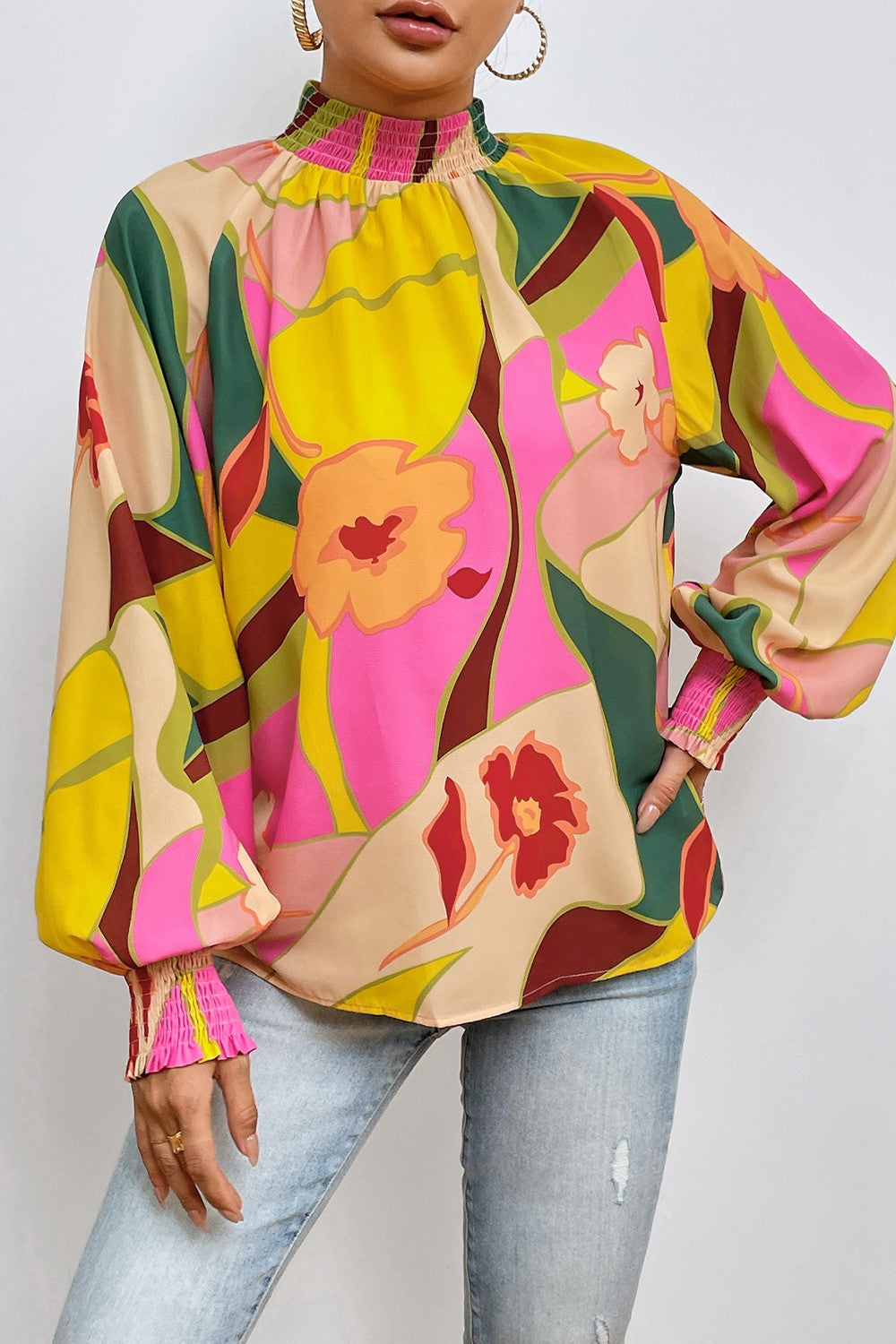 Stilla | Smocked Lantern Sleeve Mock Neck Bluse