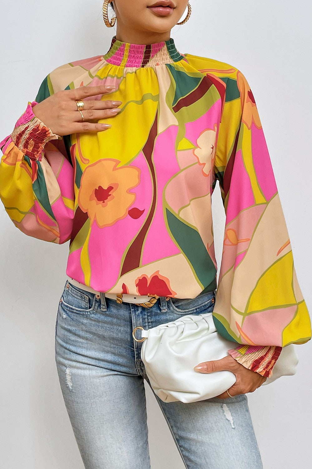 Stilla | Smocked Lantern Sleeve Mock Neck Bluse