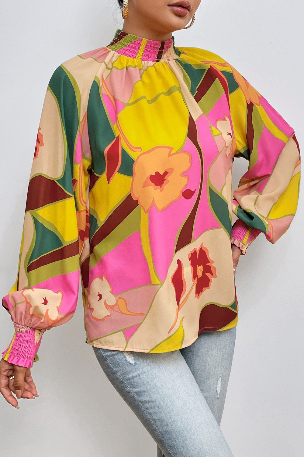 Stilla | Smocked Lantern Sleeve Mock Neck Bluse