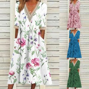 Stilla | Elegant Print V-hals Blonde Tre-vendt kvart Ærme Kjole Mode