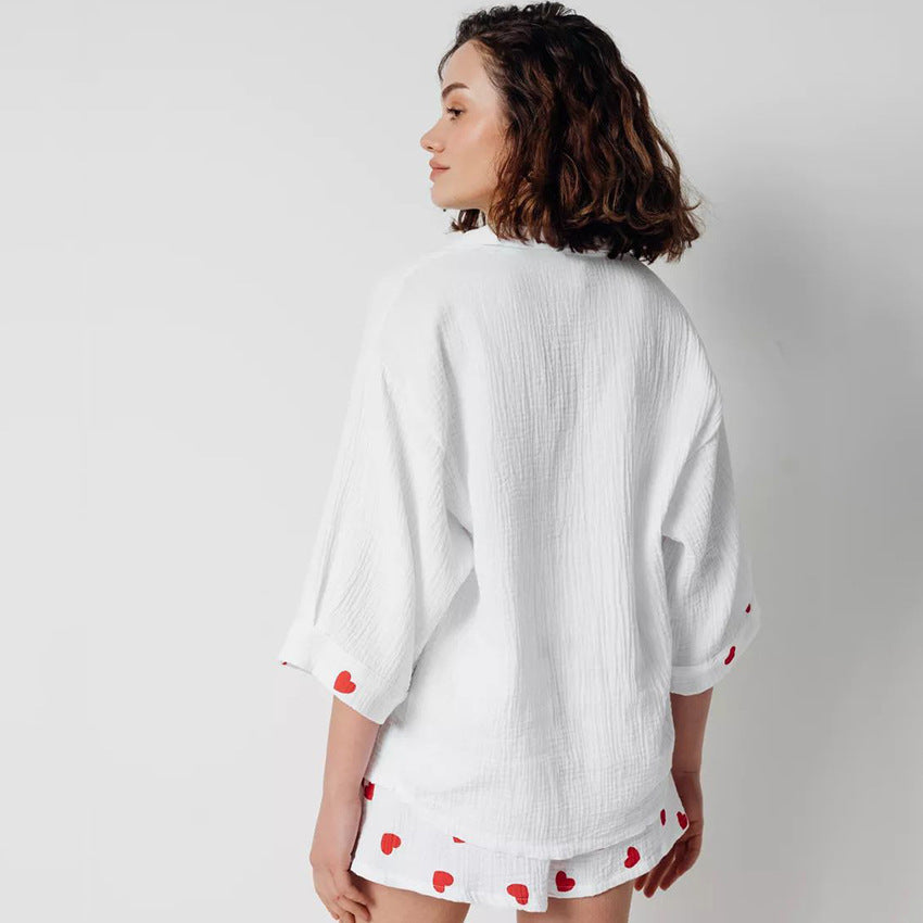 Stilla | Forårstøj Hjemmesæt Hjerteprint Trekvartærmer Shorts to Delt Pyjama Bomuld Kvinder Udsalg