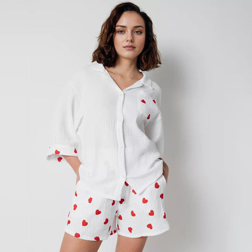 Stilla | Forårstøj Hjemmesæt Hjerteprint Trekvartærmer Shorts to Delt Pyjama Bomuld Kvinder Udsalg
