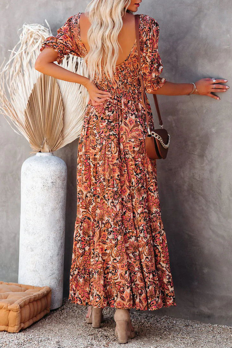 Stilla | Sød Elegant Print Patchwork Rygløs U Hals A-linje Kjoler Mode