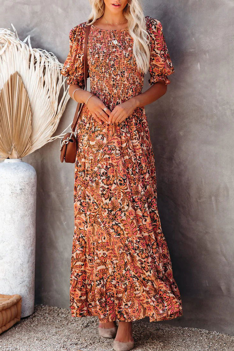 Stilla | Sød Elegant Print Patchwork Rygløs U Hals A-linje Kjoler Mode