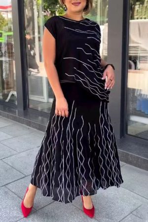 Stilla | Afslappet Solid Patchwork Asymmetrisk O Hals Kort Ærme to Stykker