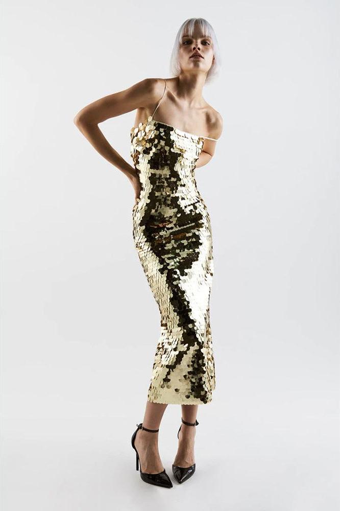 Stilla | Glitrende Tube Top Guld Rygfri Maxi Kjole