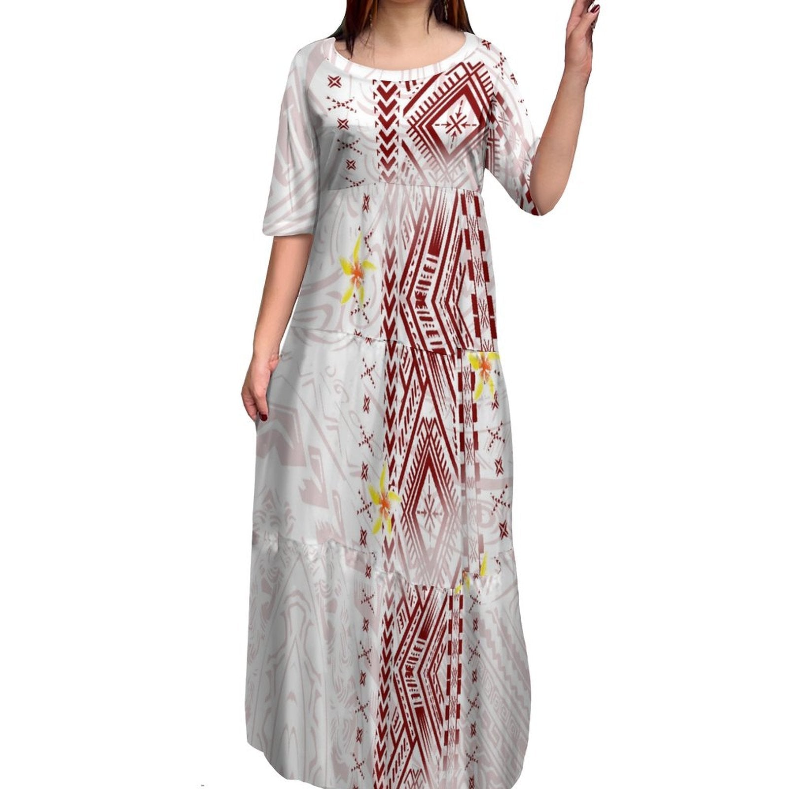 Stilla | Polynesisk Print Plus Size Rund Hals Kjole