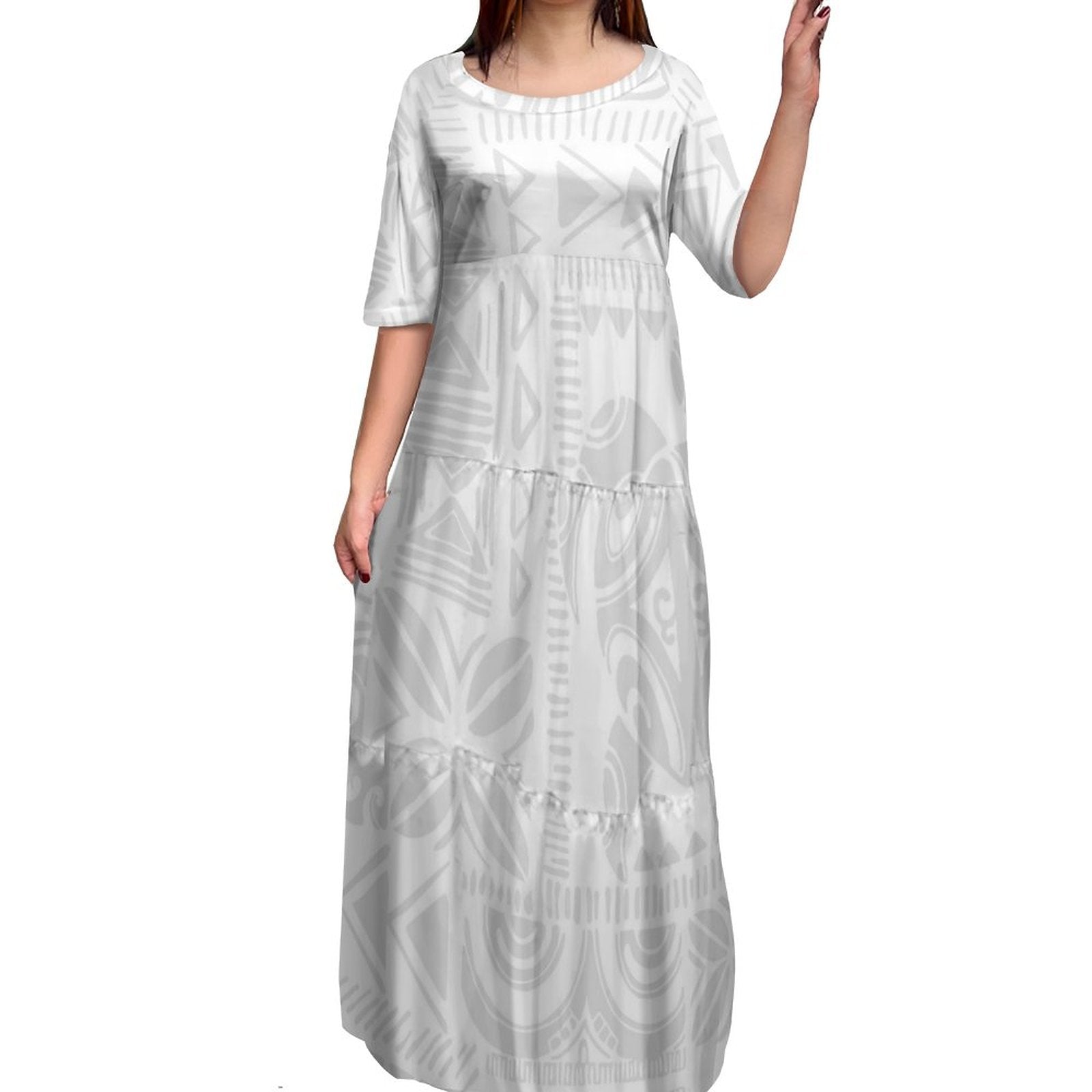 Stilla | Polynesisk Print Plus Size Rund Hals Kjole