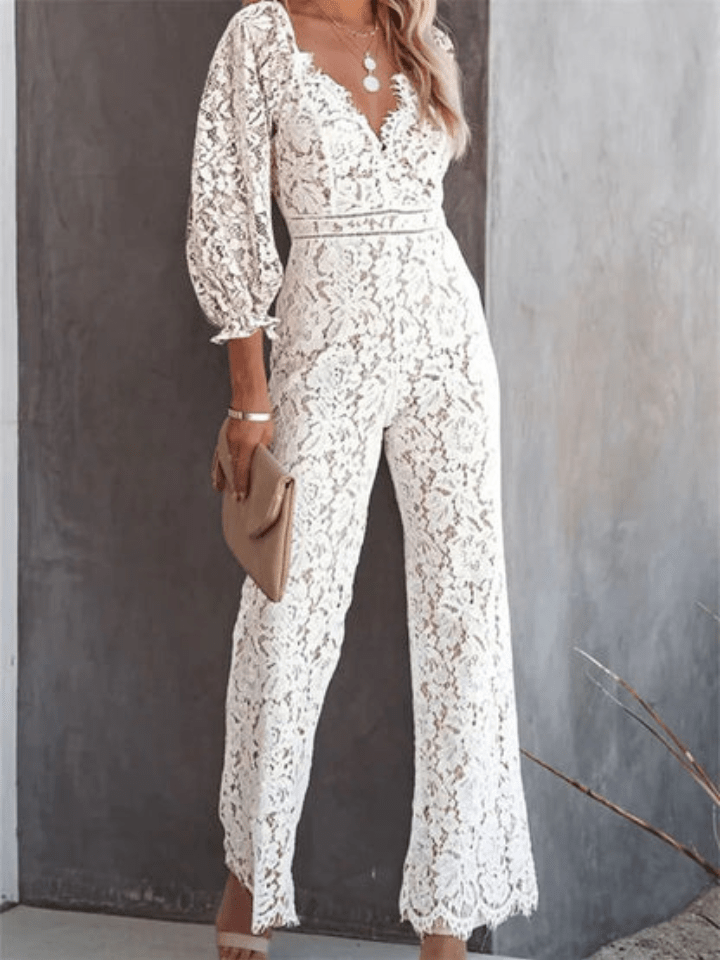 Stilla | Hvid Jumpsuit Med Hulblomster-mønster Og V-udskæring Dame Sæt Levere