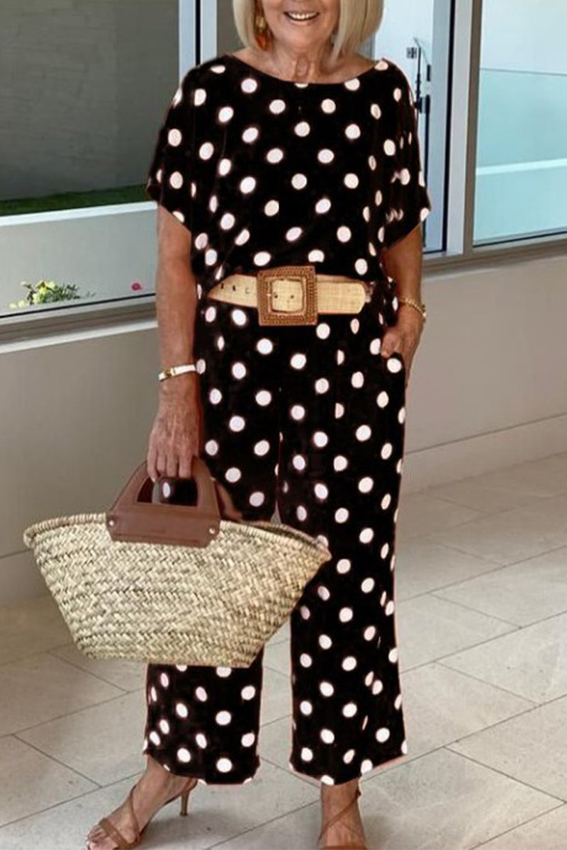 Stilla | Afslappet Polka Dot Patchwork O Hals Kort Ærme to Deler Hot på udsalg