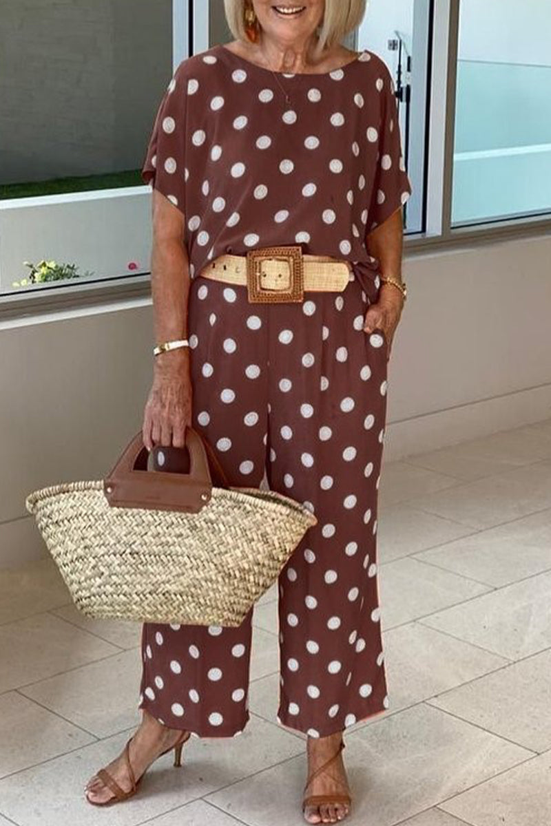 Stilla | Afslappet Polka Dot Patchwork O Hals Kort Ærme to Deler Hot på udsalg