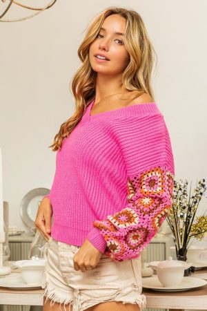 Stilla | V-hals Hæklet Langærmet Sweater Levere