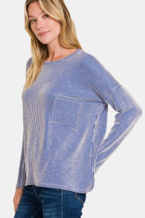 Stilla | Zenana Ribbenstribet Langærmet T-shirt på udsalg