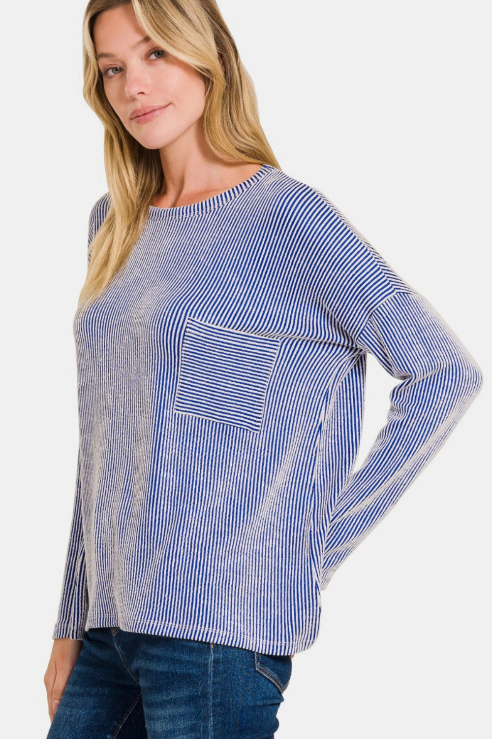 Stilla | Zenana Ribbenstribet Langærmet T-shirt på udsalg