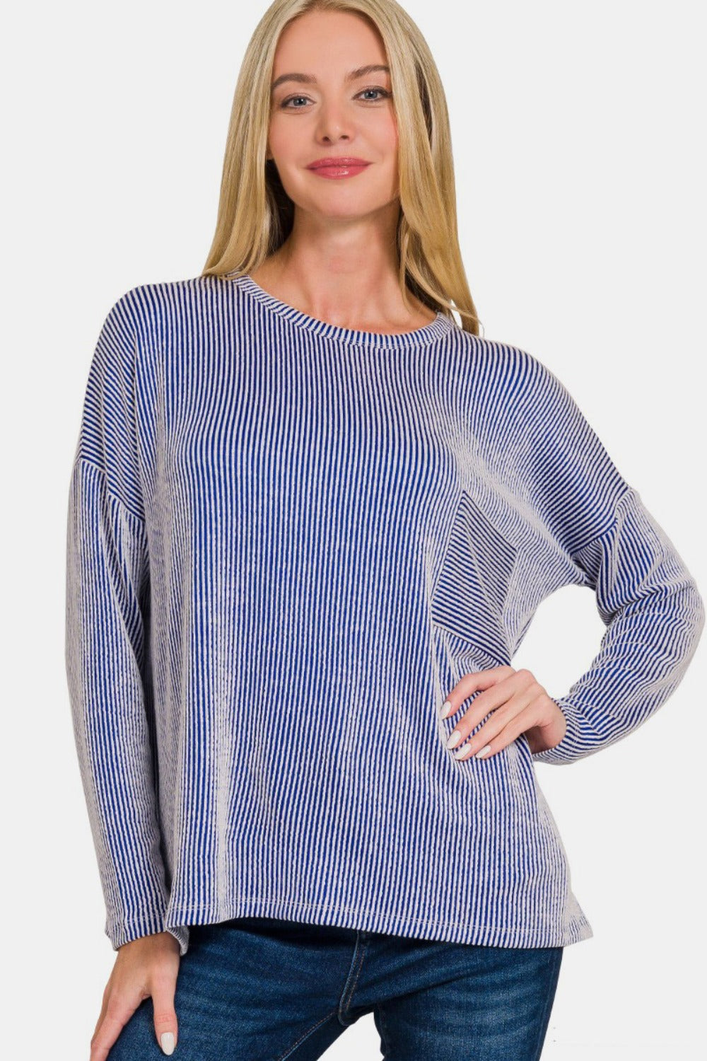 Stilla | Zenana Ribbenstribet Langærmet T-shirt på udsalg