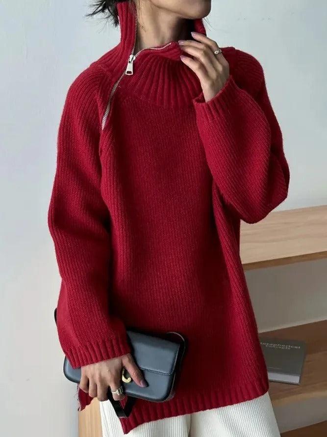 Stilla | Ensfarvet Rød Sweater Med Ståkrave