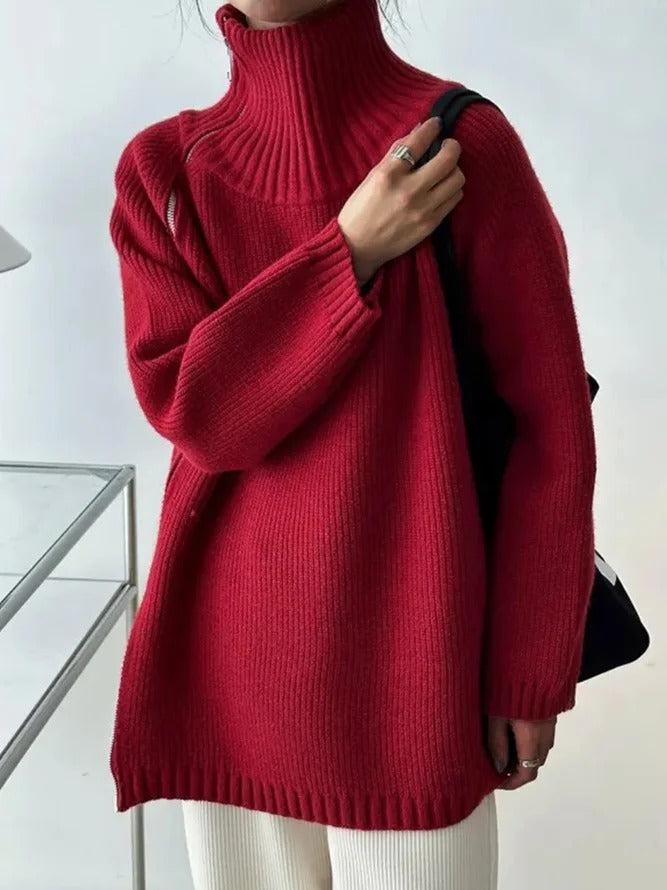 Stilla | Ensfarvet Rød Sweater Med Ståkrave