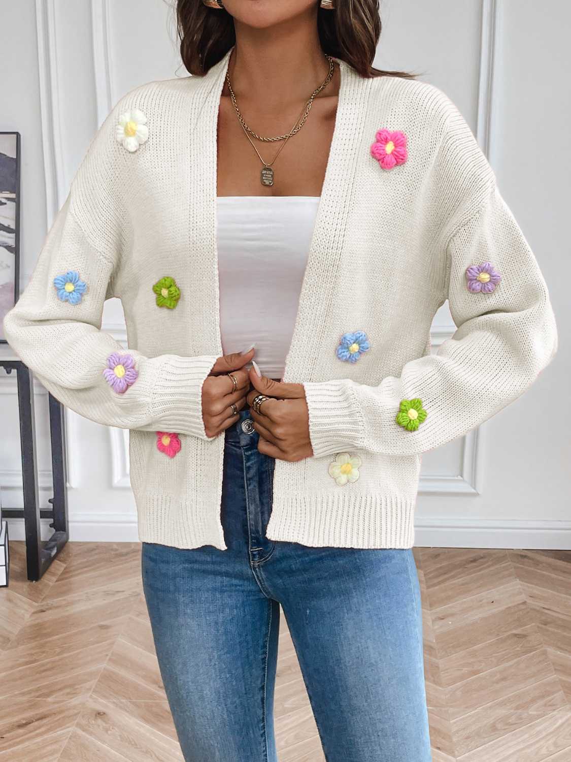 Stilla | Blomster Langærmet Åben Front Strikketrøje