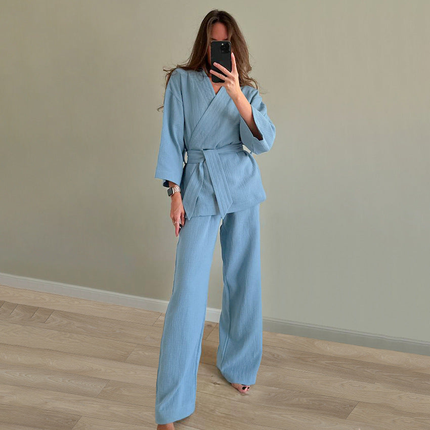 Stilla | Efterår Pure Cotton Pink Strikketrøje Hjemme Wear Afslappet Komfortabel Langærmet Bukser Pyjamas Sæt