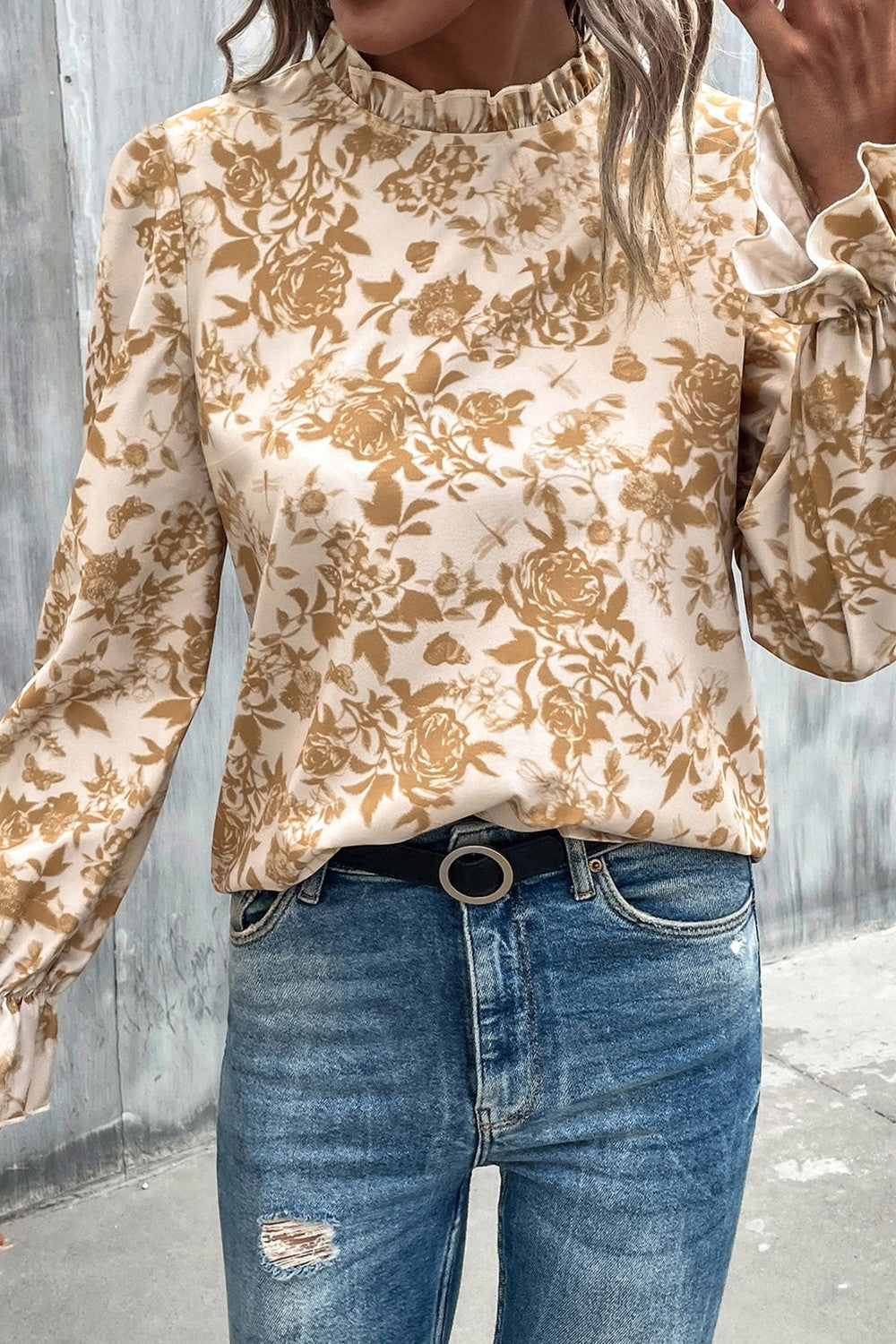 Stilla | Floral Tryk Mock Neck Ruffle Ærme Bluse Online nu