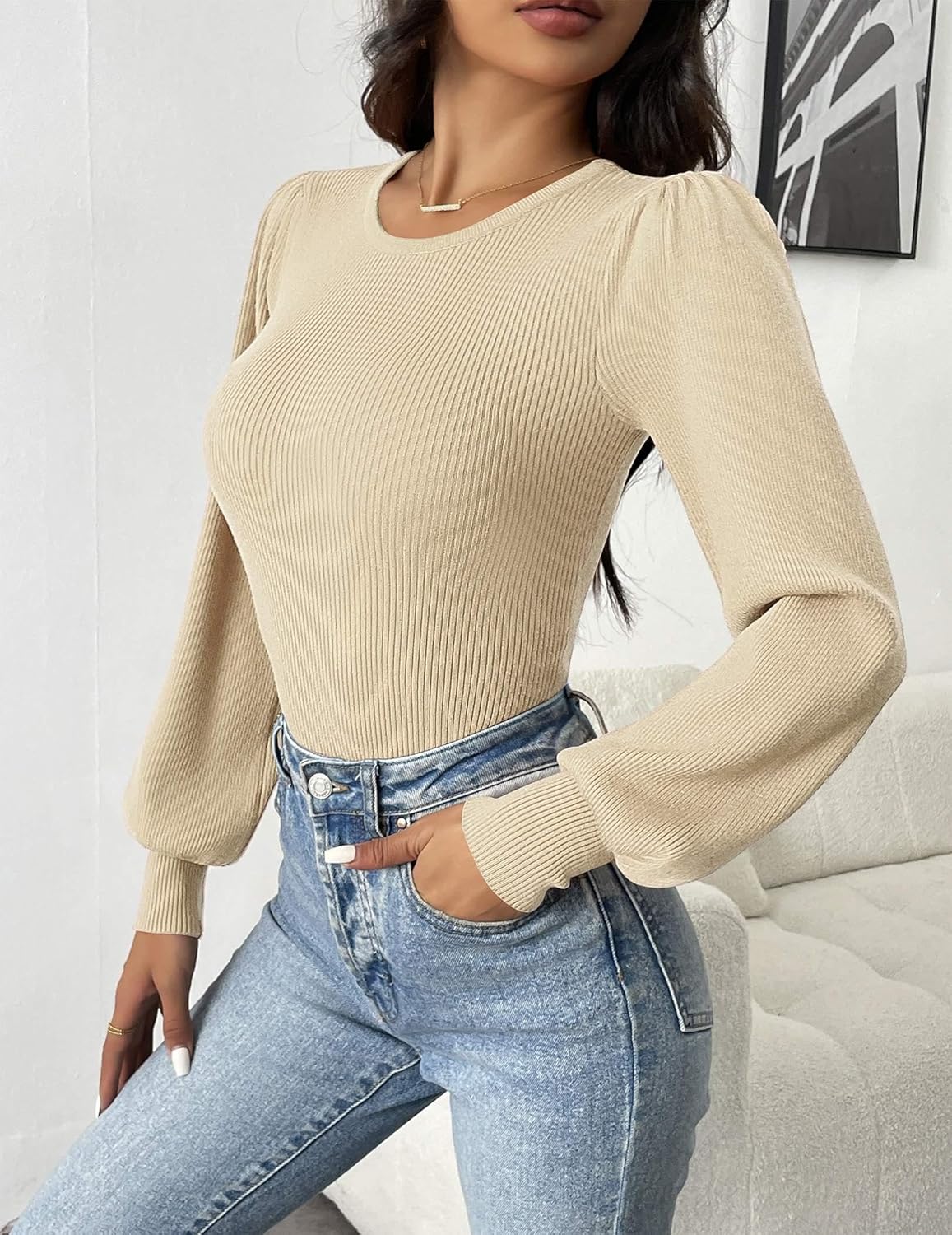 Stilla | Top Ribstrik Body Top med Lange Ærmer