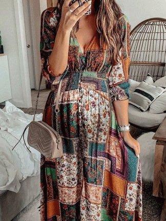 Stilla | Bohemian Print V-hals Lang Ærmet Kjole Online