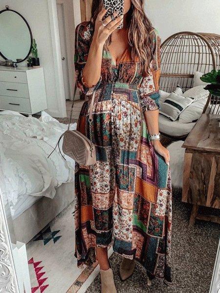 Stilla | Bohemian Print V-hals Lang Ærmet Kjole Online