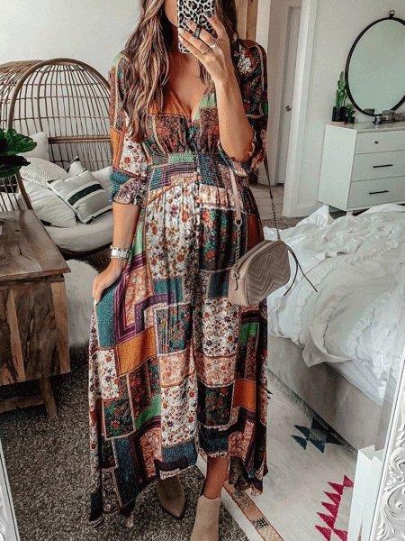 Stilla | Bohemian Print V-hals Lang Ærmet Kjole Online
