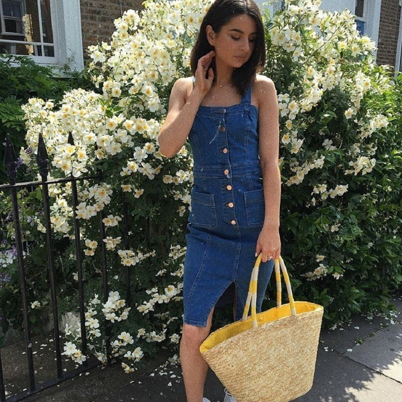 Stilla | Blå Denim Spaghetti Strop Bodycon Midi Kjoler